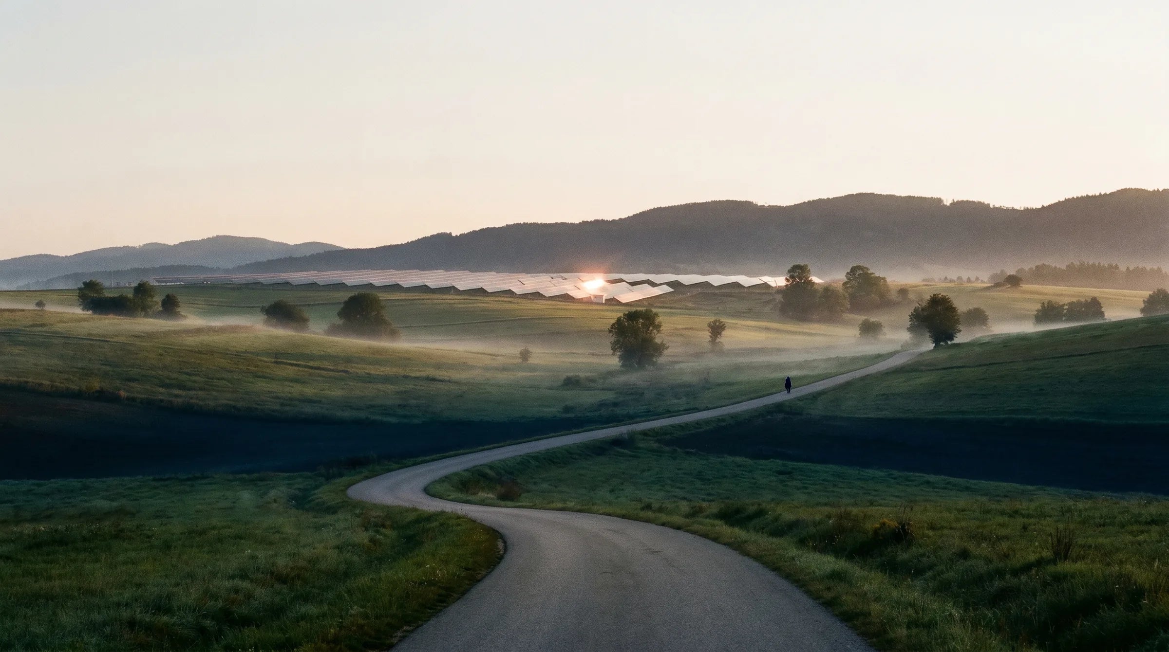 Country road through Transylvanian hills leading toward a solar farm at sunrise
